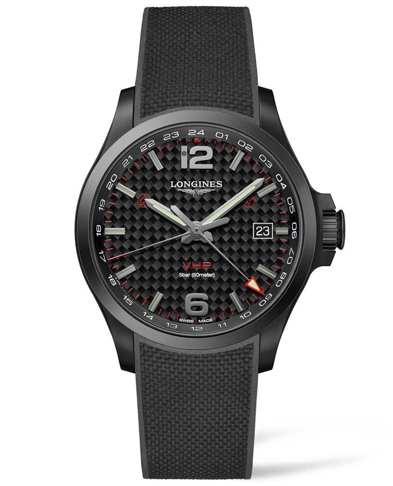 Longines Longines Conquest V.H.P. L3.728.2.66.9  L37282669 кварцевые мужские часы черный циферблат, браслет каучук — вид спереди